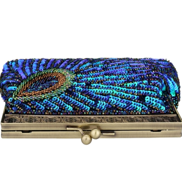 Peacock Feather 20s 30s Retro Sequin Clutch Purse Blue Evening Bag Chain Strap - Picture 5 of 11